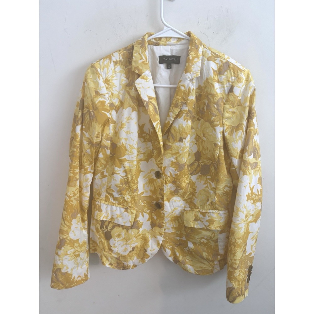 TALBOTS Gold Mustard Floral 8 Yellow Fall 2 Button Blazer Coat Jacket Feminine